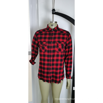 Camisa masculina 100% algodão vermelho e preto xadrez